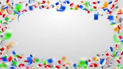 Abstract illustration of flying shiny colored confetti and pieces of serpentine on white background