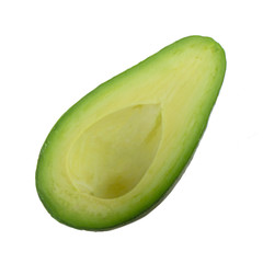 half of green avocado without stone isolated on white background