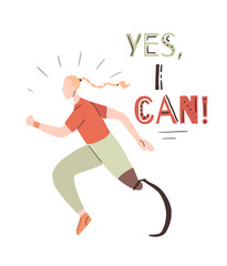 Poster with lettering Yes, I can and flat african girl runner with prosthetic leg. Jogger sportswoman. Motivation quote with stylized strong athletic woman with disability. Sport for all.
