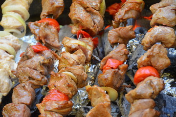 Brazier with kebabs and vegetables in the coals on the nature