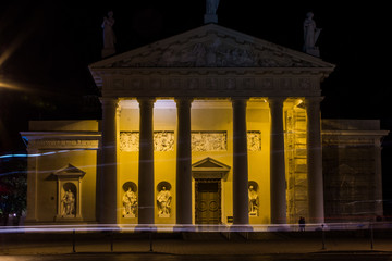 The Cathedral Basilica of St Stanislaus and St Ladislaus of Vilnius at night . Lithuania