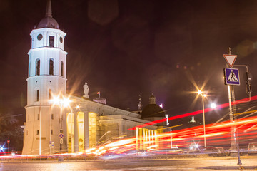 Fototapeta na wymiar The Cathedral Basilica of St Stanislaus and St Ladislaus of Vilnius at night . Lithuania