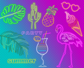 Neon flamingo, cocktails and palm leaves summer tropic banner Vector. Night club poster label. Bright glowing signboards