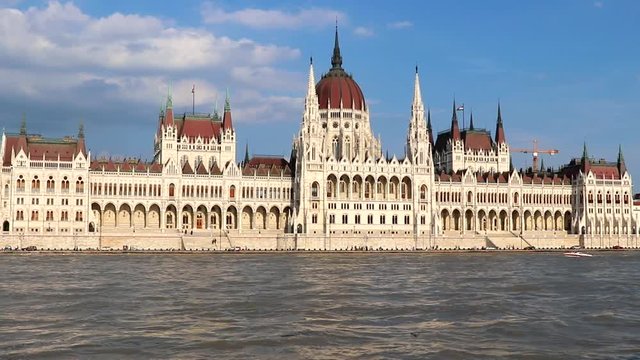 View of the Hungarian Parliament Building on the bank of the Danube from a cruising boat in Budapest. 