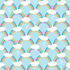 Rainbows with clouds and rain drops. Cute seamless pattern, cartoon vector illustration for nursery fabric, background, wallpaper, scrapbooking projects for kids.