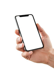 Male hand holding blank smart phone isolated on white background with clipping path for the screen