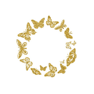 Round of golden glitter butterflies. Beautiful gold silhouettes on white background . For wedding invitation, fashion, luxury, decorative abstract design elements. Vector illustration.