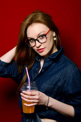 beautiful girl in jeans in the Studio