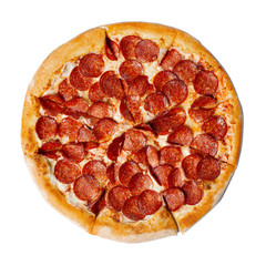 Fresh tasty pizza with pepperoni isolated on white background. Top view