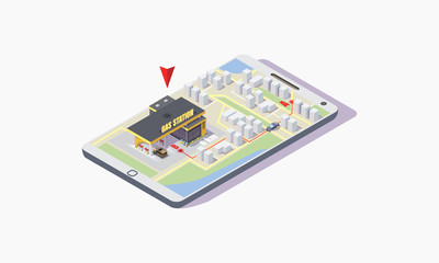 Isometric vector illustration of a gas station online assistant on the phone points to the point of arrival car