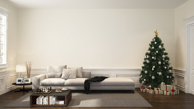 cozy sofa in white living room with chrismas tree and gift box decoration