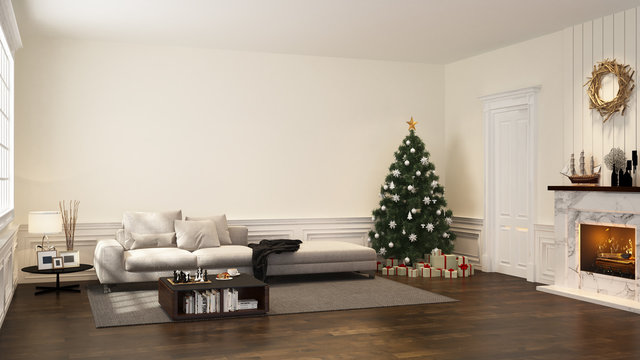 cozy sofa in white living room with chrismas tree gift box decoration and fireplace