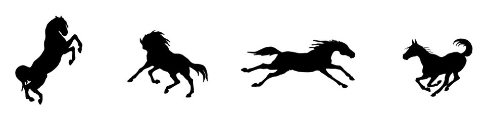 vectorized silhouettes of black horses galloping on a white background