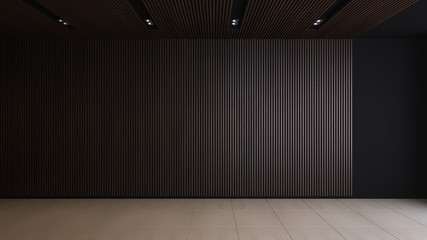 dark wooden strip wall and ceiling with track light on black wall - 3D rendering - obrazy, fototapety, plakaty