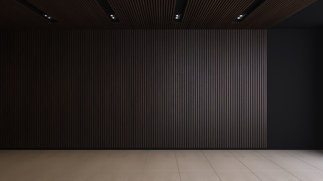 Dark Wooden Strip Wall And Ceiling With Track Light On Black Wall - 3D Rendering