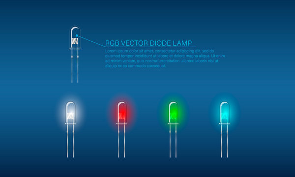 RGB Vector diode lamp. Set of colored diode lamps. Transparent lamps on blue background.