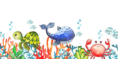 Watercolor children's seamless borders with underwater creatures: whale, turtle, crab, octopus, starfish, narwhal, jellyfish, seaweed, corals, shells for baby shower, shirt design, invitations © Анна Егорова