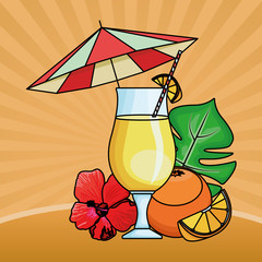 Orange juice with fruit under beach umbrella