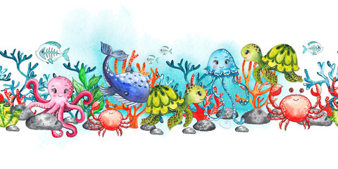 Watercolor children's seamless borders with underwater creatures: whale, turtle, crab, octopus, starfish, narwhal, jellyfish, seaweed, corals, shells for baby shower, shirt design, invitations