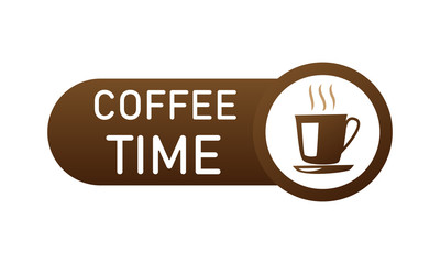 Coffee time. Coffee time label with letters. Brown food sticker.