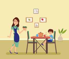 Woman holding plate with food. Boy sitting at the Dinner table in the kitchen. Cartoon style vector illustration