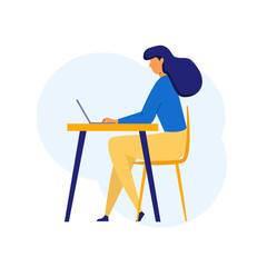 Woman in flat style sitting at the table using computer, laptop in the Workplace. Freelancer woman concept. Female student studying