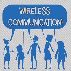 Text sign showing Wireless Communication. Business photo showcasing Communicating between devices using a wireless signal Silhouette Figure of People Talking and Sharing One Colorful Speech Bubble