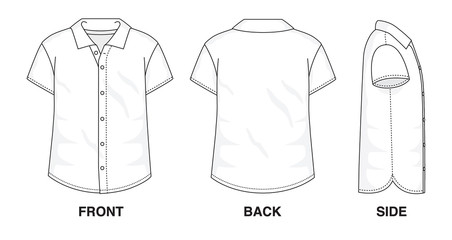 Isolated Button up Blouse object of clothes and fashion stylish wear fill in blank shirt. Regular Polo Neck Short Sleeves Illustration Vector Template. Front, back and side view