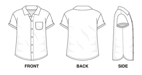 Isolated Button up Blouse object of clothes and fashion stylish wear fill in blank shirt. Regular 1 Pocket Polo Neck Short Sleeves Illustration Vector Template. Front, back and side view