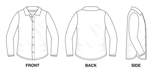 Isolated Button up Blouse object of clothes and fashion stylish wear fill in blank shirt. Regular Polo Neck Long Sleeves Illustration Vector Template. Front, back and side view