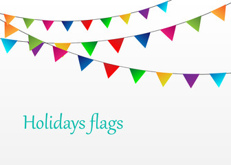 Holiday vector background with hanging flags. Carnival flags, holiday decoration elements. Colored flags on a white background.