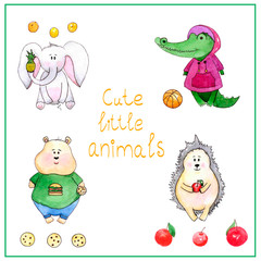 set of watercolor cute little animals