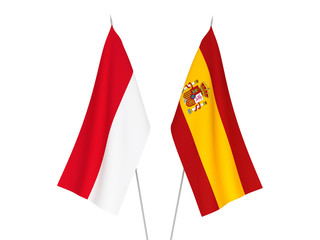 National fabric flags of Spain and Indonesia isolated on white background. 3d rendering illustration.