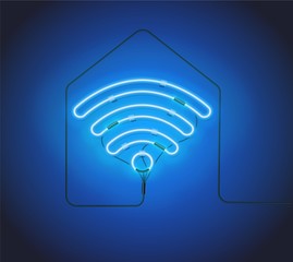 Neon sign. Retro blue neon sign Wifi Hotspot on house silhouette background. Ready for your design, icon, banner. Vector illustration.