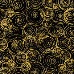 hand drawn illustration in a circle of gold ink contour on a black seamless background for use in design, pattern for fabric, textiles, Wallpaper, paper
