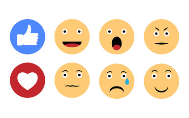 Set of funny smiles. Set of emotional emoji. Round icons of faces, thumb up, like.