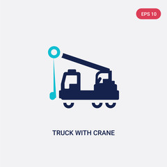 two color truck with crane vector icon from construction concept. isolated blue truck with crane vector sign symbol can be use for web, mobile and logo. eps 10