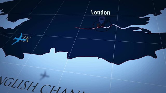 London on simple blue map. Plane symbol with trail flight over atlas chart with city marked by pushpin. Airplane icon moving on maps 3d animation.