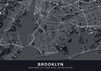 Brooklyn map. Dark poster with map of Brooklyn borough (New York, United States). Highly detailed map of Brooklyn with water objects, roads, railways, etc. Printable poster.