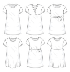 Set of isolated summer dresses and fashion stylish dress collection template, fill in the blank apparal tops bottoms skirt gown sleeves various styles 