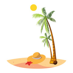 summer beach with palms and straw hat scene
