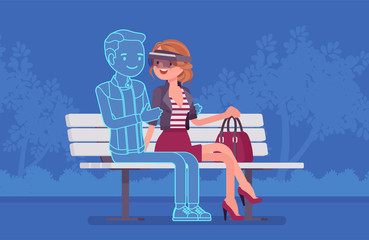 Virtual date in a park. Young woman wearing VR headset meeting with not real man, enjoy oculus gaming system for entertainment, computer technology to create simulated environment. Vector illustration