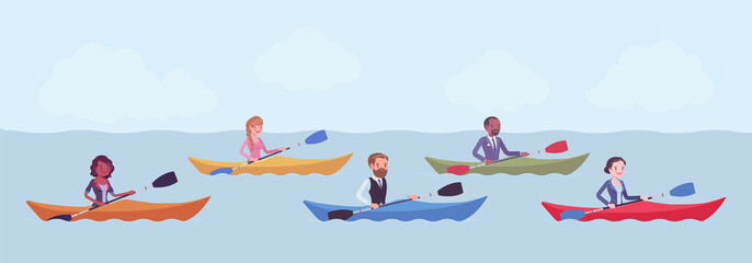 Business regatta on kayaks. Businessmen and businesswomen rowing on sporting event, boat contest race establishing superiority, competition for money, financial market rivalry. Vector illustration