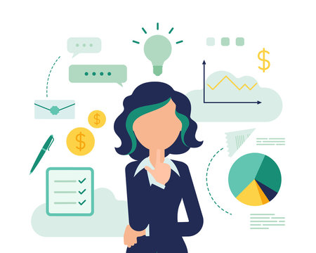 Businesswoman thinking about new project. Business inspiration for creative female manager, entrepreneur with great idea for financial gain in mind. Vector abstract illustration, faceless character