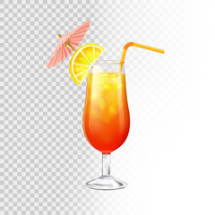 Cocktail Sex on the beach decorated with lemon and a umbrella, against the backdrop of transparency.