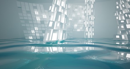 Naklejka na ściany i meble Abstract white and blue water parametric interior with neon lights. 3D illustration and rendering.
