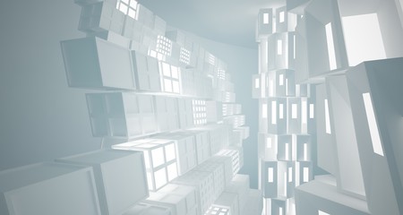 Fototapeta premium Abstract white and blue water parametric interior with neon lights. 3D illustration and rendering.
