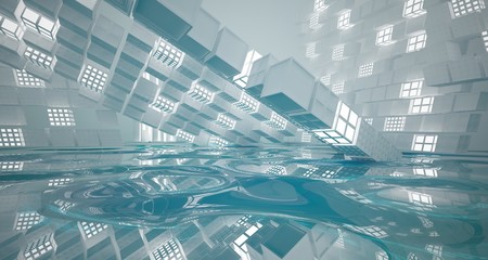 Abstract white and blue water parametric interior with neon lights. 3D illustration and rendering.