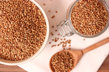 raw buckwheat on a colored background.