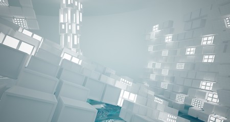 Abstract white and blue water parametric interior with neon lights. 3D illustration and rendering.